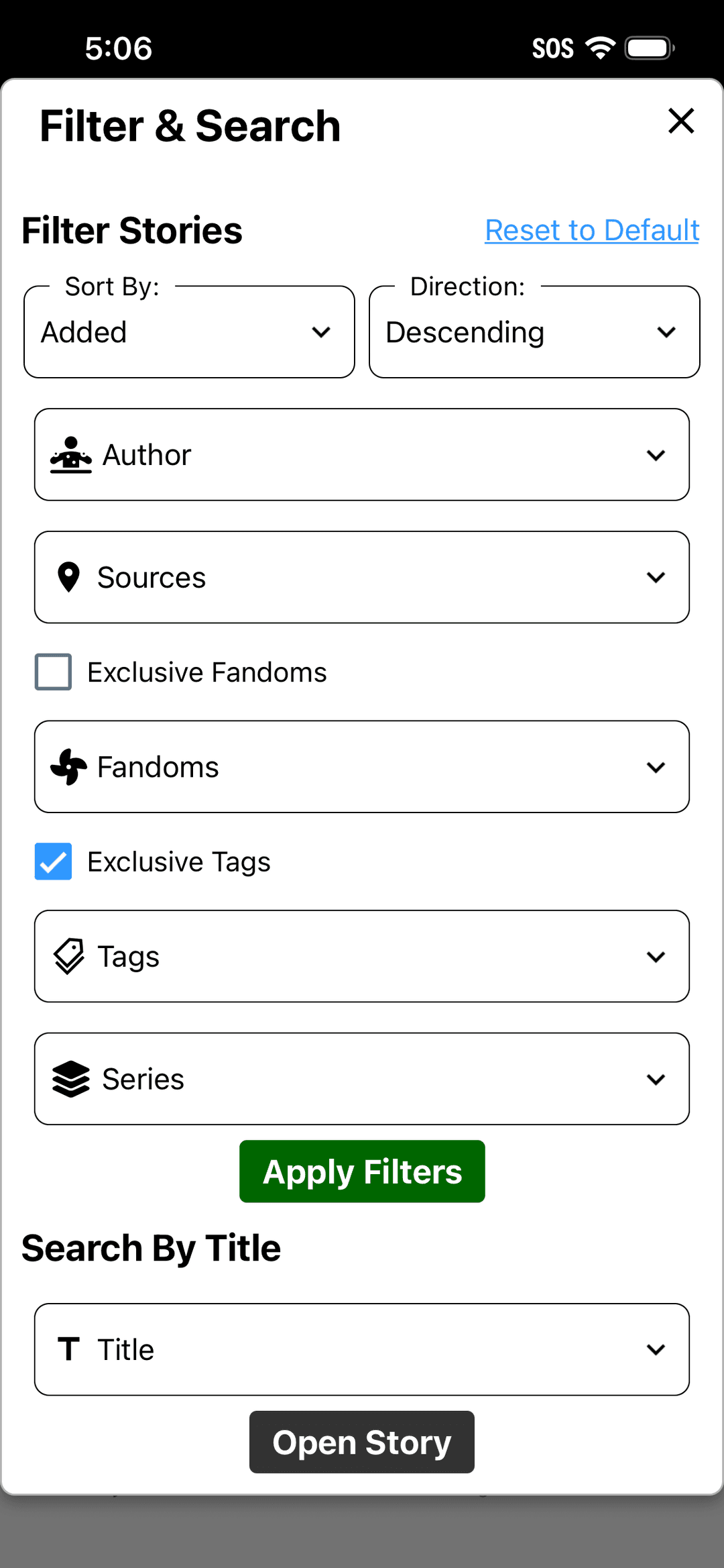 FoundFic filter and search screen.
