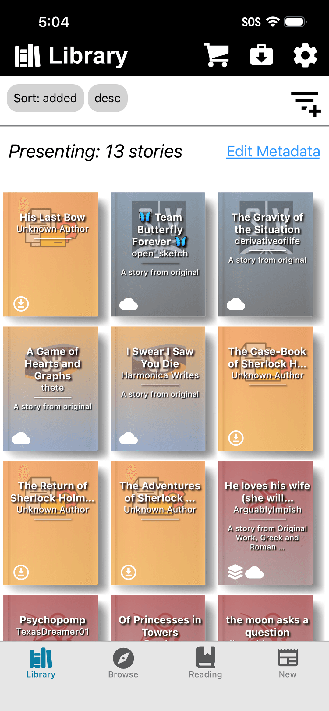 FoundFic library with multiple story cards.