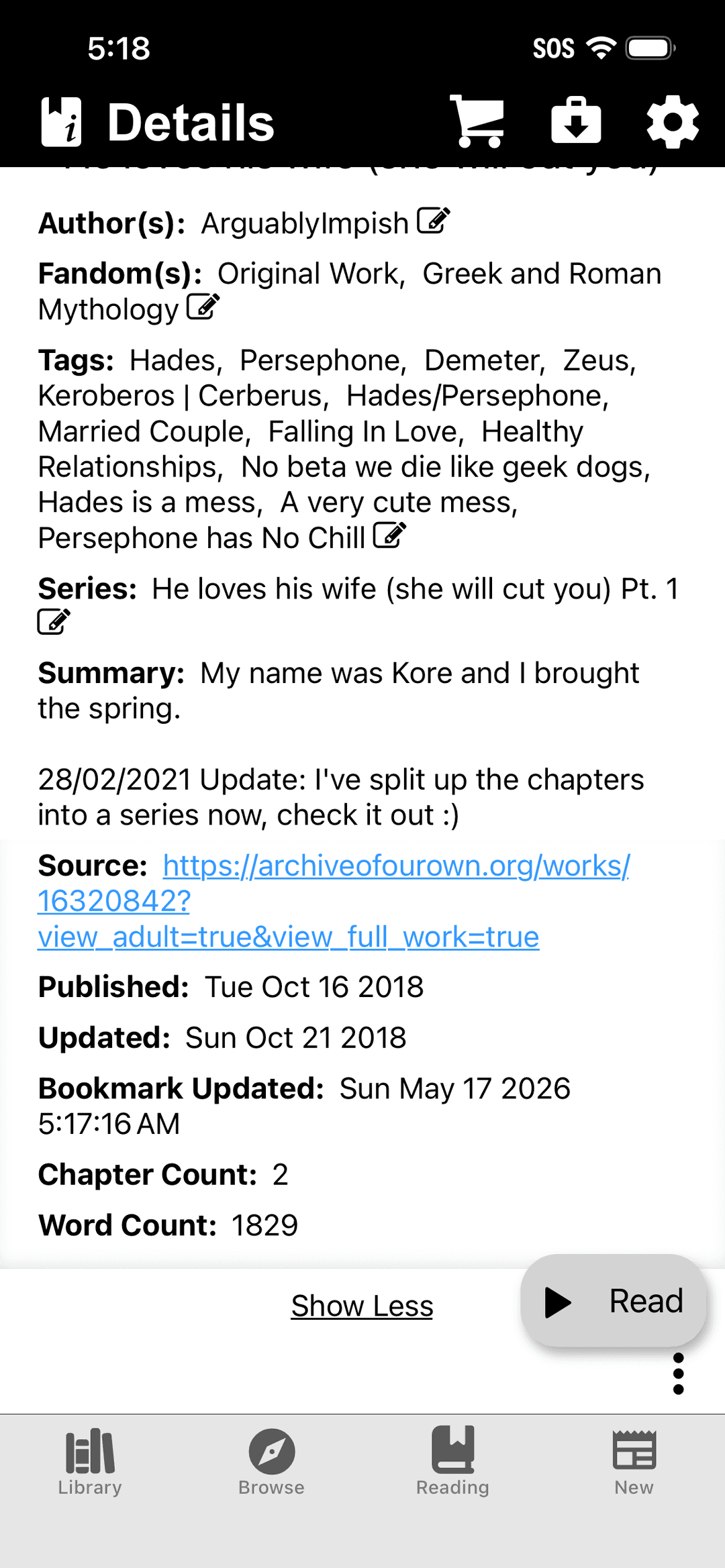 FoundFic story details editor for managing a saved story.